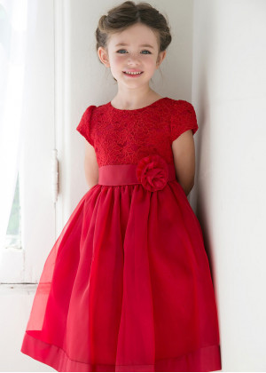 Lace Organza Tea Length Flower Girl Dress With Flower Sash